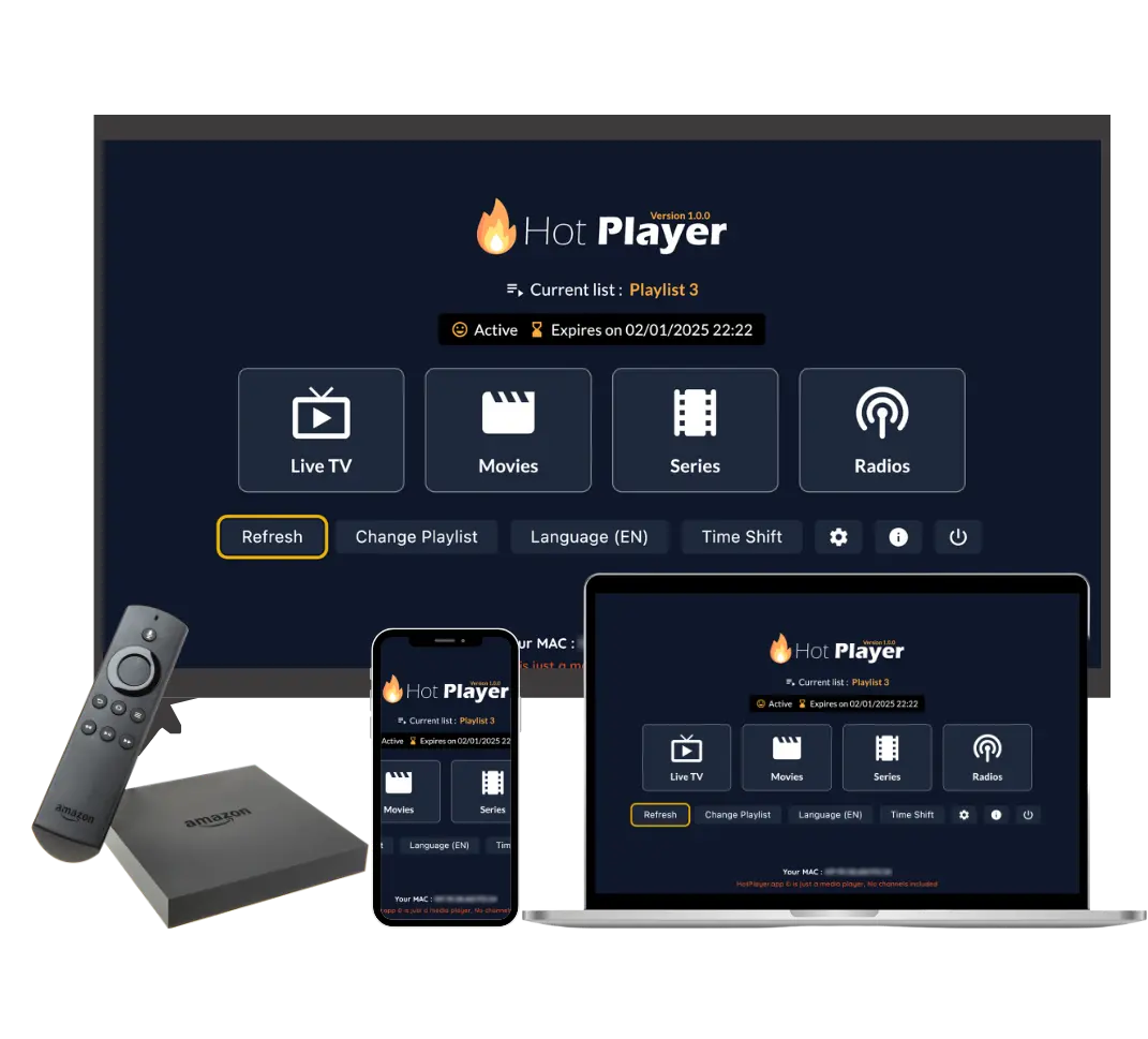 Hot Player running on TV, phone and laptop