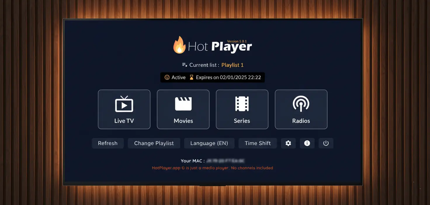 Hot Player home screen on a TV showing Live TV, Movies, Series and Radios tiles