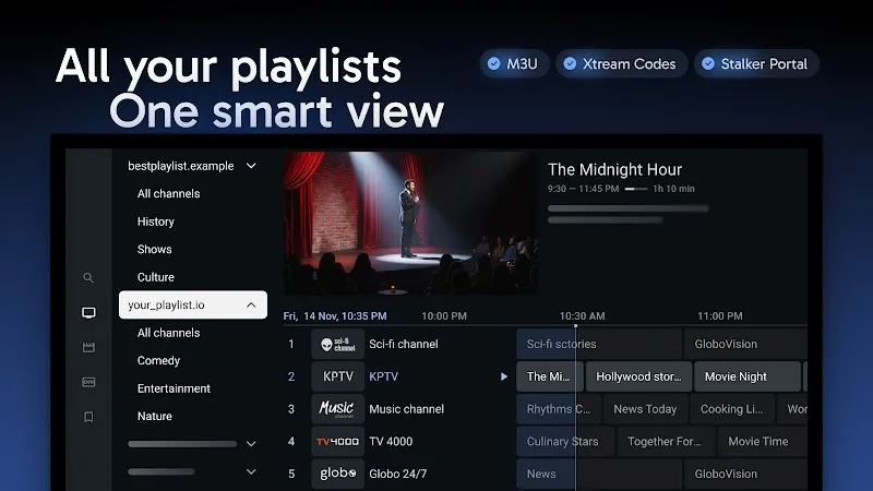 TiviMate playlists screen showing M3U, Xtream Codes and Stalker Portal options