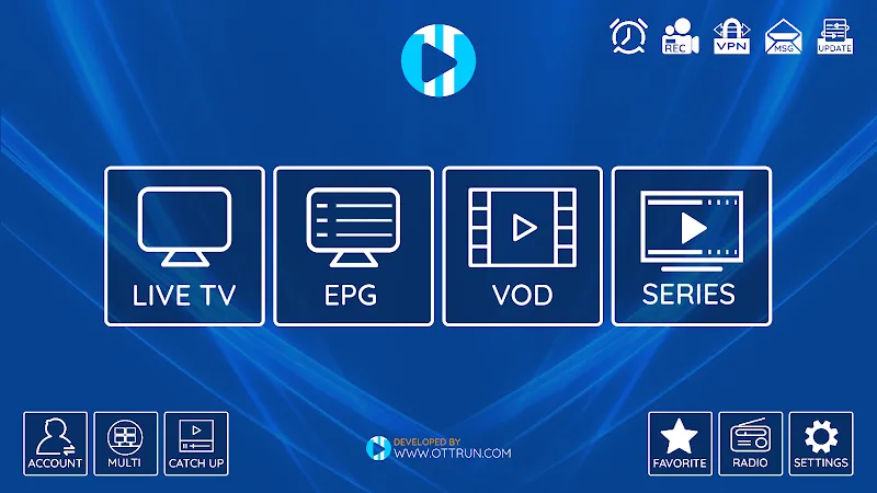 XCIPTV home screen with Live TV, EPG, VOD and Series tiles