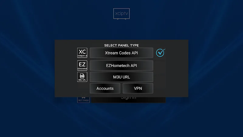 XCIPTV panel type selection showing Xtream Codes API option